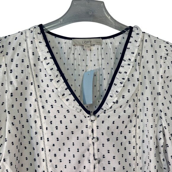 Loft Womens White & Navy Polka Dot Blouse Size S Petite - Picture 2 of 8